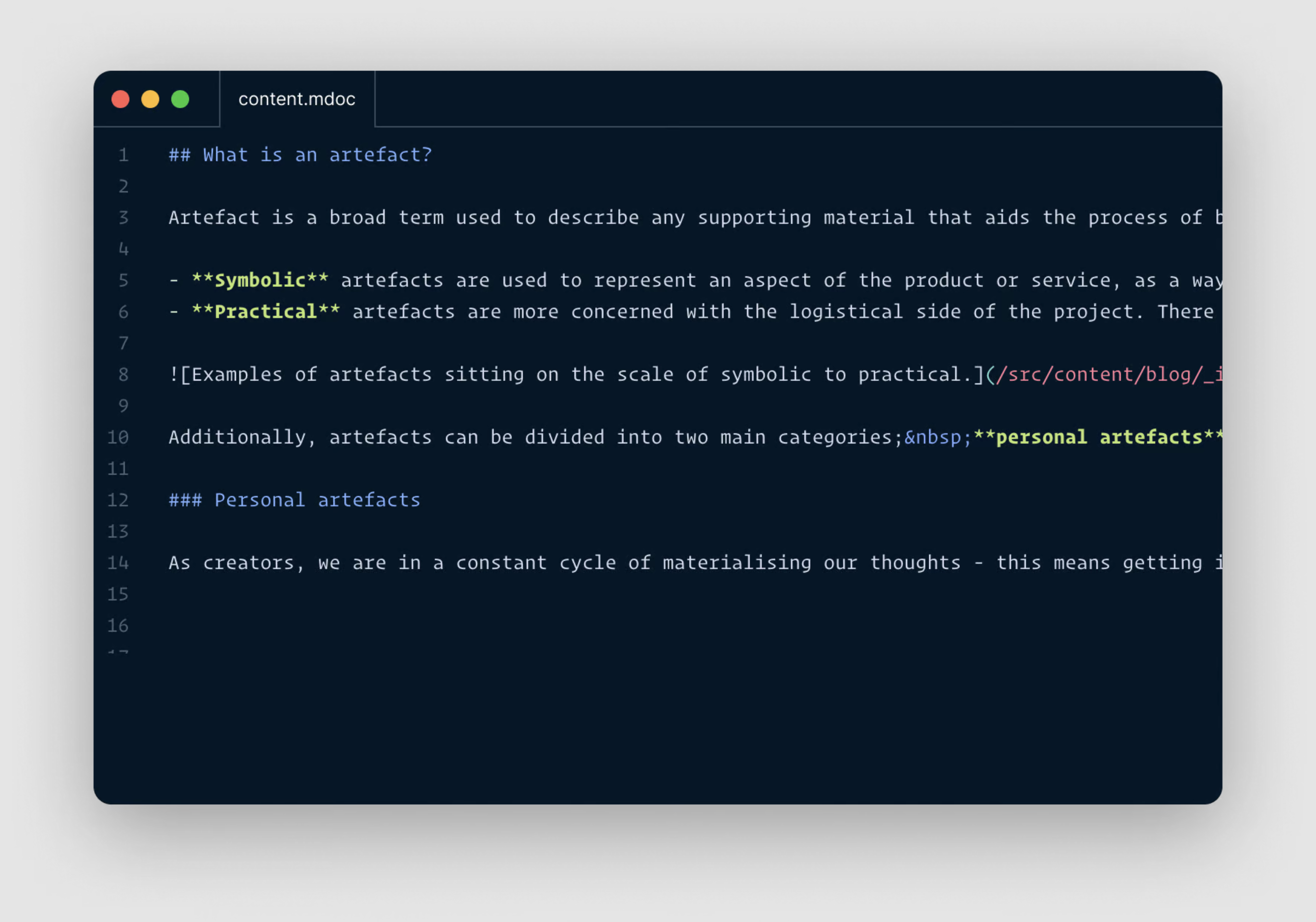 Content edited in a markdoc file, in a code editor