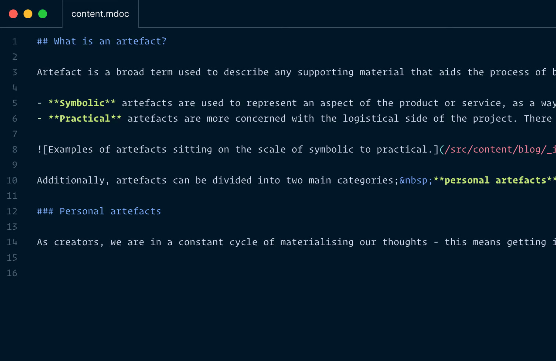 Content edited in a markdoc file, in a code editor