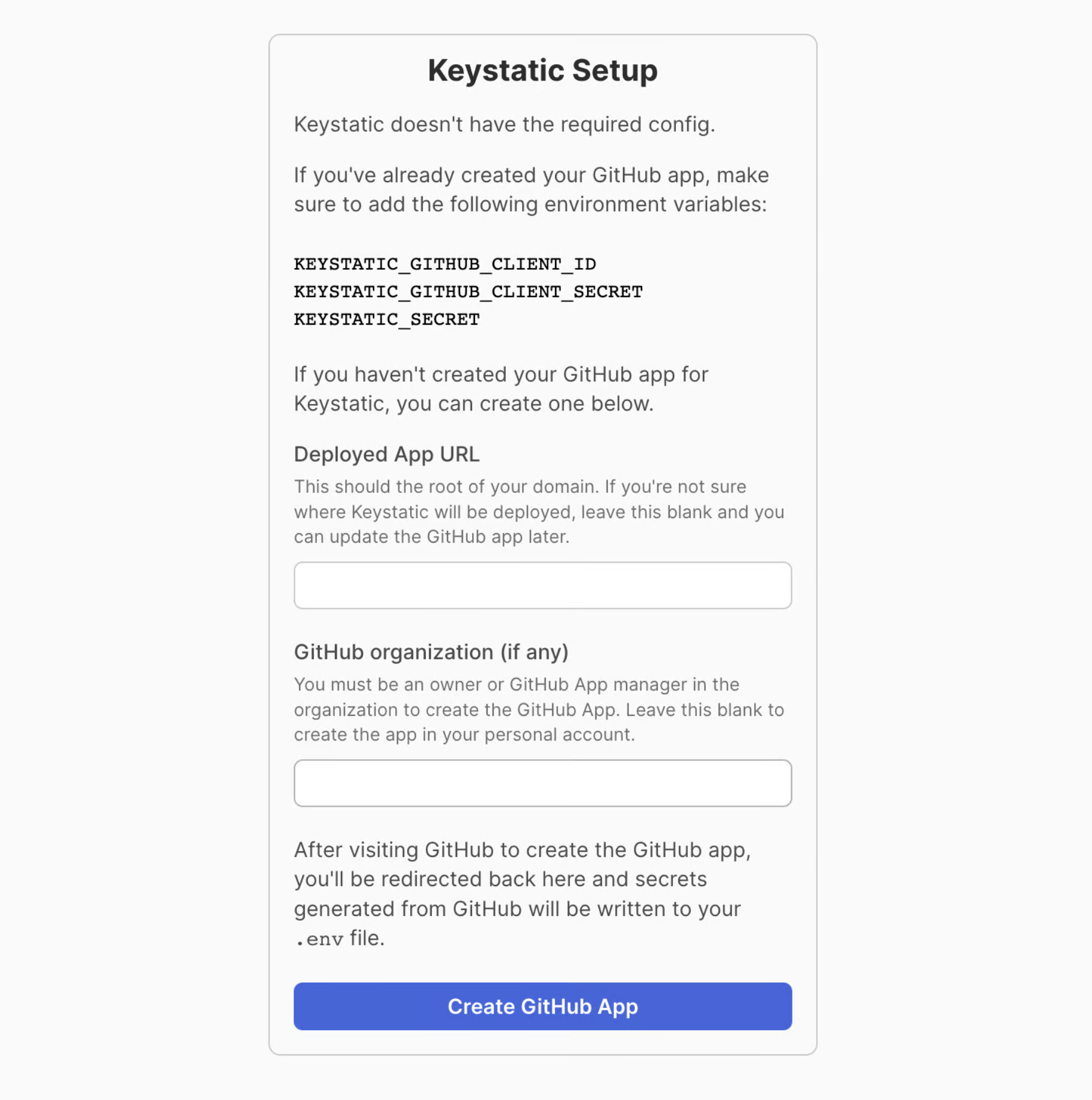 Screenshot of Keystatic App setup