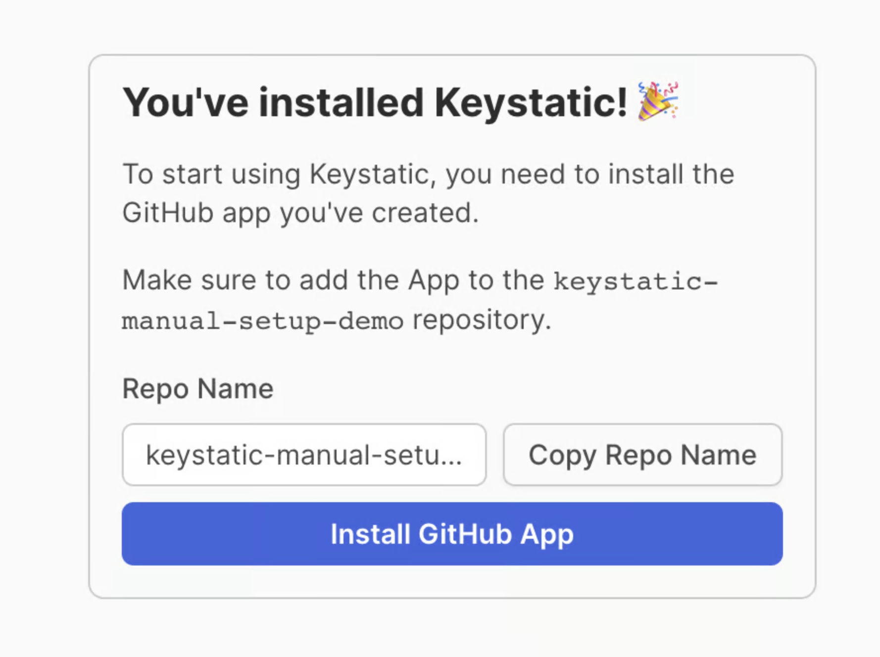 Screenshot of successful Keystatic App installation