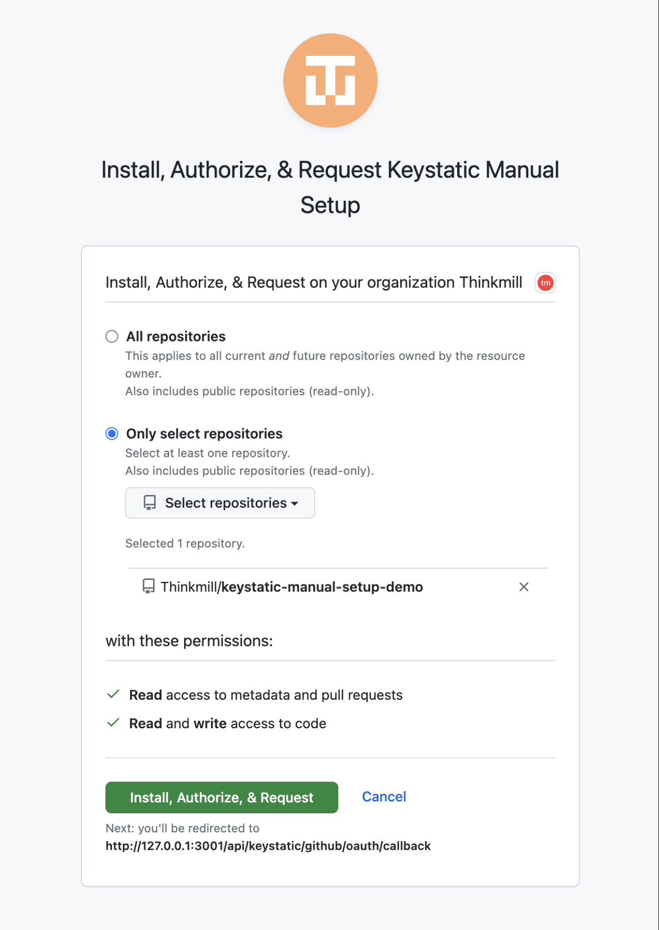 Screenshot of GitHub custom app authorization UI