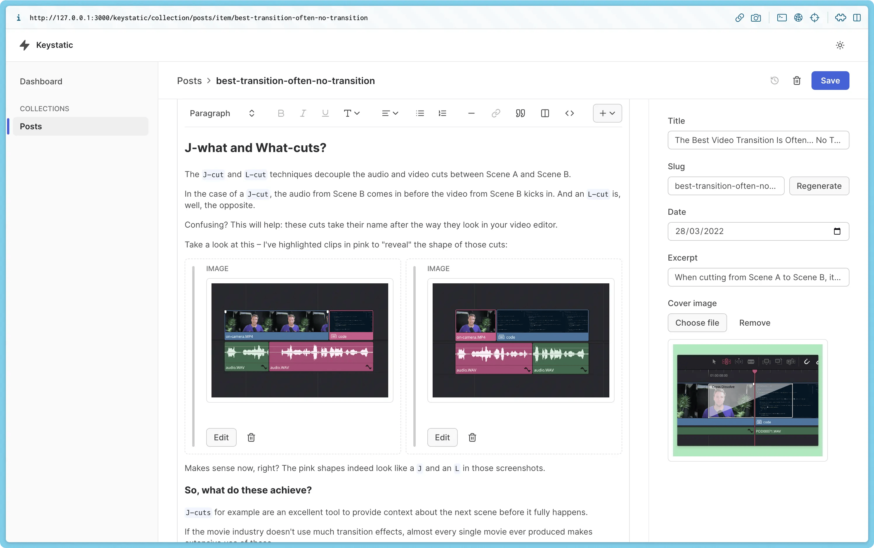 Screenshot of the Keystatic Admin UI for the Better Dev Screencasts website